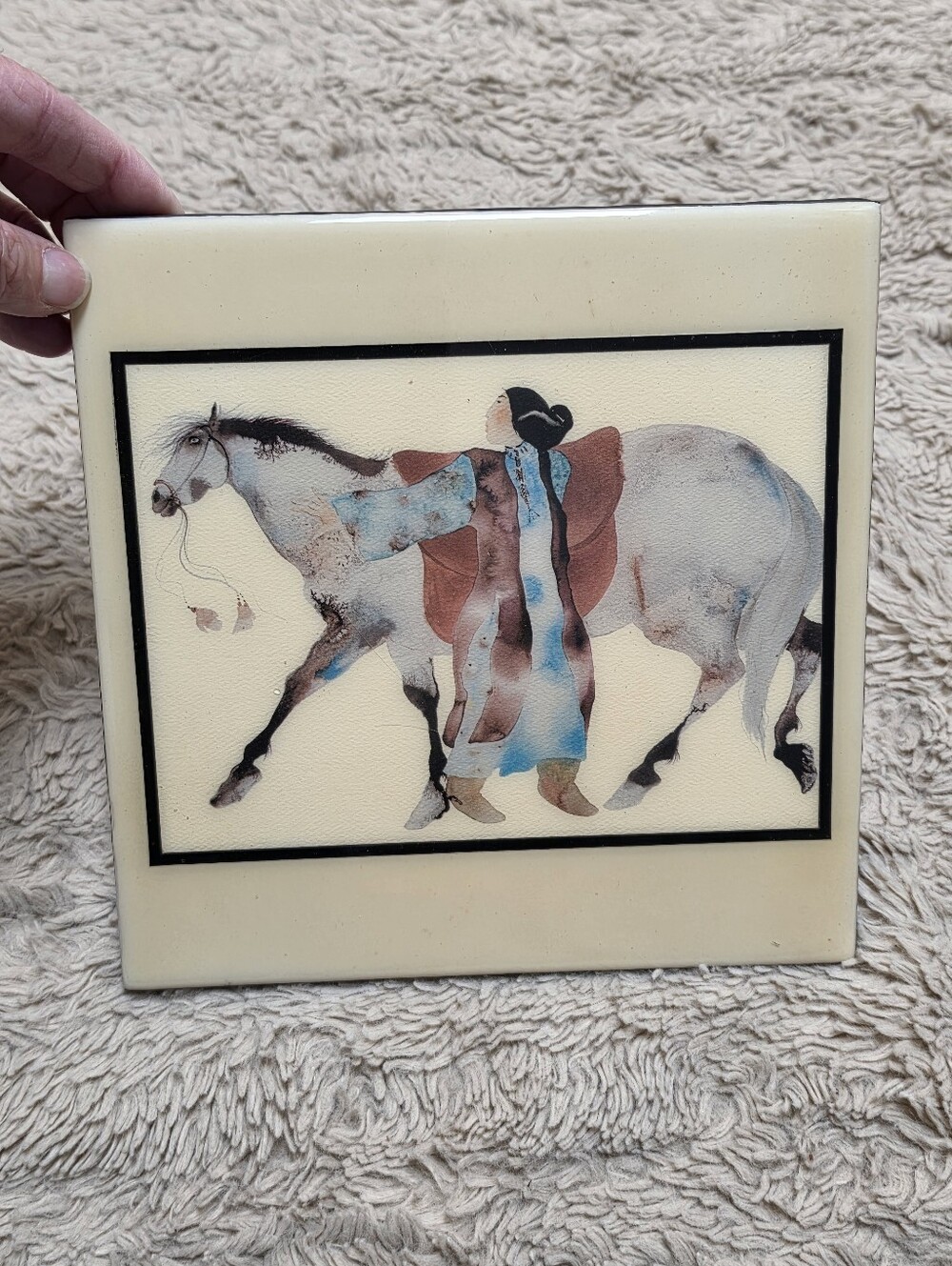 Carol Grigg Native Woman Walking Horse Tile Art, Holding Down Wind Runner